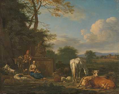 有休息的牧羊人和动物的田园风光`Arcadian Landscape with resting Shepherds and Animals (1664) by Adriaen van de Velde