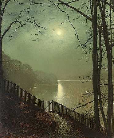 月光洒在湖面上，利兹朗德海公园`Moonlight on the lake, Roundhay Park, Leeds by John Atkinson Grimshaw