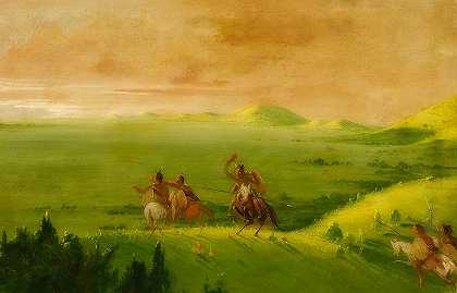 科曼奇战争党，首席发现敌人并在日出时催促他的部下`Comanche War Party, Chief Discovering The Enemy And Urging His Men At Sunrise
