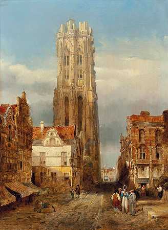 圣罗姆博茨教堂塔楼，梅切伦`Tower of the church of St Rombouts, Mechelen by David Roberts