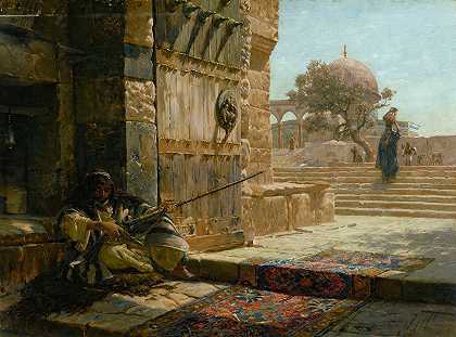 耶路撒冷圣殿山入口处的哨兵`Sentinel At The Entrance To The Temple Mount, Jerusalem (1883) by Gustav Bauernfeind