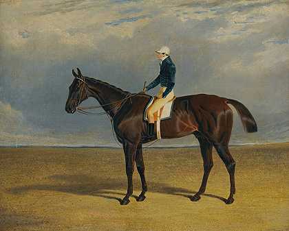 Margrave是一匹栗色的赛马，骑师James Robinson站在Doncaster`Margrave, A Liver Chestnut Racehorse With Jockey James Robinson Up, At Doncaster (1833) by John Frederick Herring Snr.