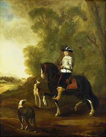 一个骑着两只狗的骑手的画像`Portrait of an Horseman with two Dogs (ca. 1660 – 1670) by Style of Thomas de Keyser