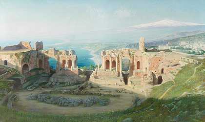 塔尔米纳（Taormina）的圆形剧场（Etna Beyond）`A View of the Amphitheatre at Taormina with Etna Beyond by Adolf Böhm