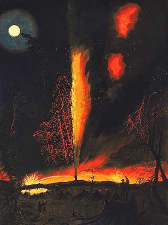 宾夕法尼亚州鲁塞维尔附近夜间燃烧油井`Burning Oil Well At Night, Near Rouseville, Pennsylvania