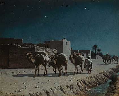 月光下的骆驼列车`Camel Train By Moonlight (1899) by Jean Baptiste Paul Lazerges