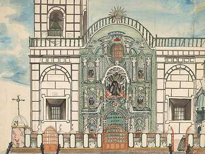 利马一座教堂的正面`Facade of a Church, Lima (ca. 1850) by Francisco Fierro