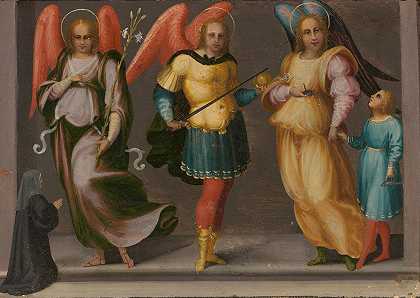 大天使加布里埃尔、迈克尔和拉斐尔以及托比亚斯和一名女性捐赠者`Archangels Gabriel, Michael, and Raphael with Tobias and a Female Donor (ca. 1520–25) by Master of Serumido