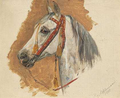有红色缰绳的马头`A Horse’s Head with Red Bridle (1880) by Sigmund L&;Allemand