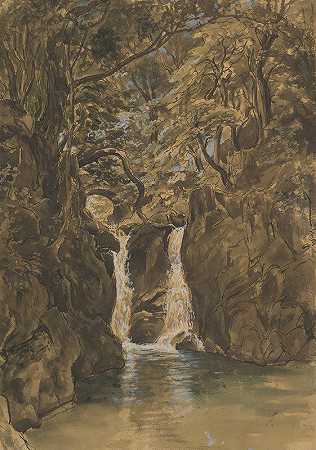 坎布里亚莱德尔瀑布下段景观`A View of Lower Rydal Falls, Cumbria (1837) by Thomas Fearnley