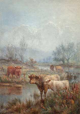 雾蒙蒙的早晨，苏格兰牛`A misty morning, Scotch cattle by Louis Bosworth Hurt