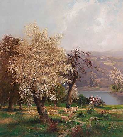 春天的湖景`A Lake Landscape in Spring by Adolf Kaufmann