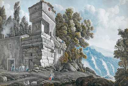 Tivoli Cascades旁的别墅景观，如下图所示`View Of A Villa Beside The Cascades At Tivoli, With Figures Below by Abraham-Louis-Rodolphe Ducros
