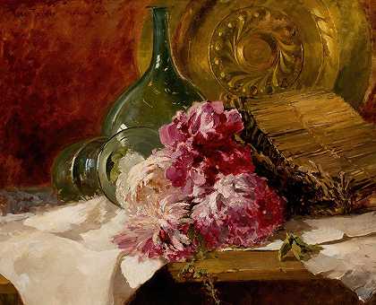 鲜花和玻璃的静物画`Still Life with Flowers and Glass (1879) by Ross Sterling Turner