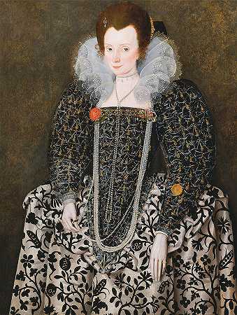 萨福克肯威尔庄园的一位女性肖像，传统上被认为是玛丽·克罗普顿`Portrait of a Woman, Traditionally Identified as Mary Clopton of Kenwell Hall, Suffolk by Robert Peake the Elder