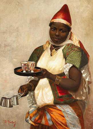 带来咖啡的突尼斯女孩卡迪亚`Kadija the Tunisian Girl Bringing Coffee by Hermann Katsch