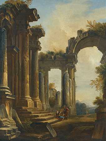 一个古典遗迹的随想曲，三个人在寺庙的台阶上交谈`A Capriccio Of Classical Ruins With Three Men Conversing At The Steps Of A Temple by Giovanni Niccolò Servandoni