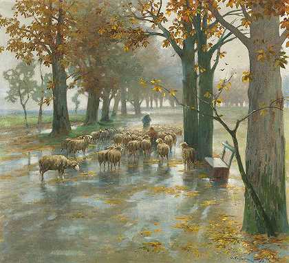 雨天带着牧羊女的一群羊`A Flock Of Sheep With Shepherdess On A Rainy Day by Adolf Kaufmann