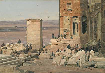 在卫城废墟中工作的希腊人`Greeks Working in the ruins of the Acropolis (1834 ~ 1835) by Martinus Rørbye