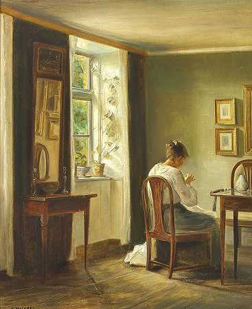 室内有女人在窗边缝衣服`Interiør med kvinde der syr ved vinduet by Carl Holsøe