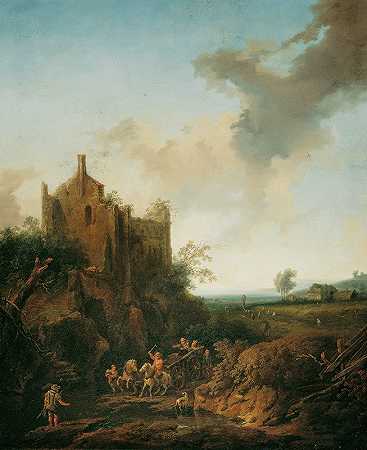 有城堡废墟和马车的景观`Landschaft mit Schlossruine und Pferdewagen (1746) by Christian Hilfgott Brand