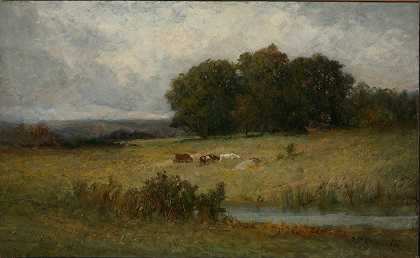 溪边牛群的明亮景象`Bright Scene of Cattle near Stream by Edward Mitchell Bannister