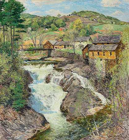 瀑布`The Falls by Willard Leroy Metcalf