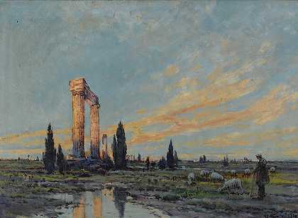 黎明的废墟`Ruins at dawn (1924) by Arthur Vidal Diehl