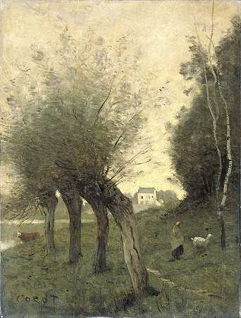 柳树景观`Landscape with Pollard Willows (1840 ~ 1875) by Jean-Baptiste-Camille Corot
