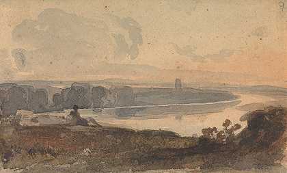 风景，蜿蜒的河流，前景是山上的人物`Landscape, with Winding River, Figure on Hill in Foreground by Thomas Sully