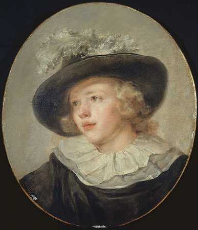 戴羽毛帽的小男孩肖像`Portrait de jeune garçon avec un chapeau à plumes by Jean-Honoré Fragonard