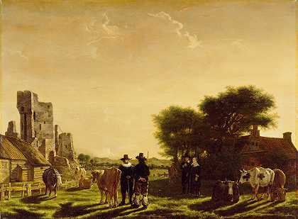 一个荷兰农场，有荷兰回族的遗迹`A Dutch Farm with the Ruins of the Huis te Kleef Netherlands (c. 1650) by Govert Dircksz Camphuysen