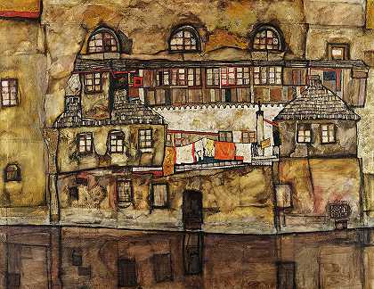 河上的房子墙`House Wall on the River by Egon Schiele