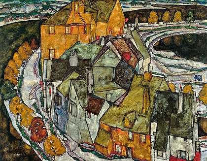 岛镇新月屋2`Crescent of Houses II, Island Town by Egon Schiele