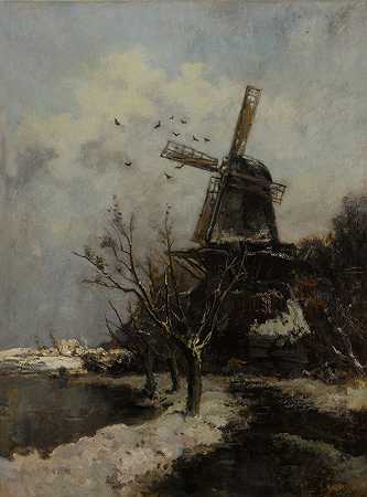 风车`Windmill by a Stream in Winter by a Stream in Winter by Jacob Maris