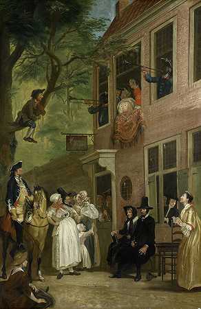 误导流氓大使从哈勒默霍特的博基酒馆`Misled; The Ambassador of the Rascals Exposes himself from the Window of ;t Bokki Tavern in the Haarlemmerhout (c. 1739 ~ before 1750) by Cornelis Troost