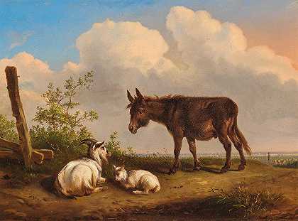 乡间小路上的驴和山羊`A Donkey and Goats on a Country Road by Eugène Joseph Verboeckhoven