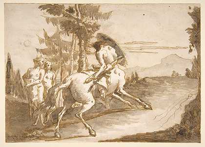 带盾牌和两个卫星的半人马`Centaur with Shield and Two Satyresses (1727–1804) by Giovanni Domenico Tiepolo