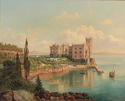 的里雅斯特附近的米拉马尔城堡`View of Miramare Castle near Trieste by Hubert Sattler