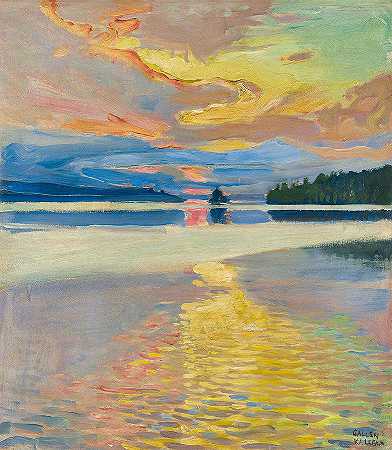 鲁瓦西湖上的日落`Sunset over Lake Ruovesi by Akseli Gallen-Kallela