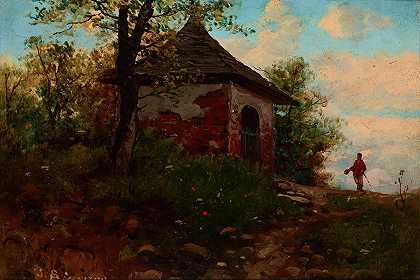 带有路边神殿的景观`Landscape with a Wayside Shrine (1880) by Seweryn Bieszczad