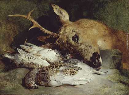 一头羚羊和两头松鸡`Head of a Roebuck and Two Ptarmigan (c. 1830) by Sir Edwin Henry Landseer