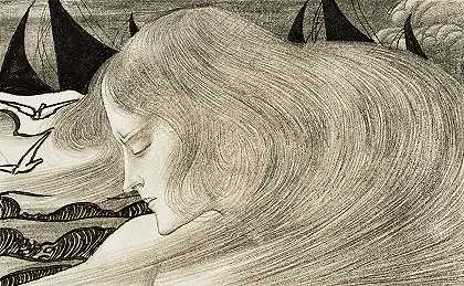 一个年轻的女人，一头卷发，坐在船前的海面上`Young Woman with Wavy Hair in front of Sea with Ships by Jan Toorop