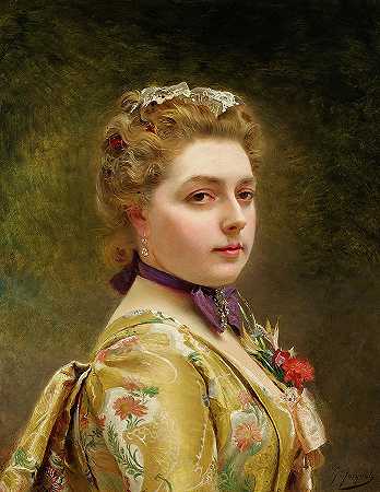 穿着金色长袍的女士`A Lady in a Golden Gown by Gustave Jean Facquet