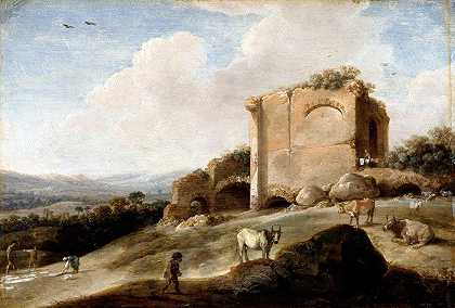 有罗马遗迹的风景`Landscape with a Roman Ruin by Carel Cornelisz De Hooch