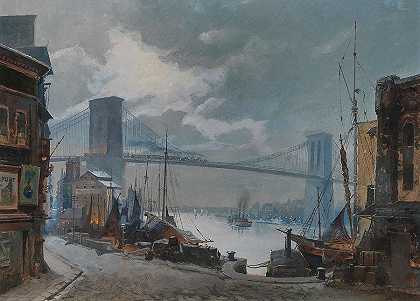 布鲁克林大桥，前景为南街`View of the Brooklyn Bridge, South Street in the Foreground