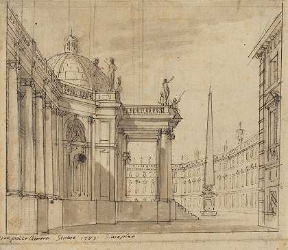 舞台设计——带有圆顶教堂和方尖塔的广场`Stage Design – A Piazza with a Domed Church and an Obelisk (1783) by Giuseppino Galliari