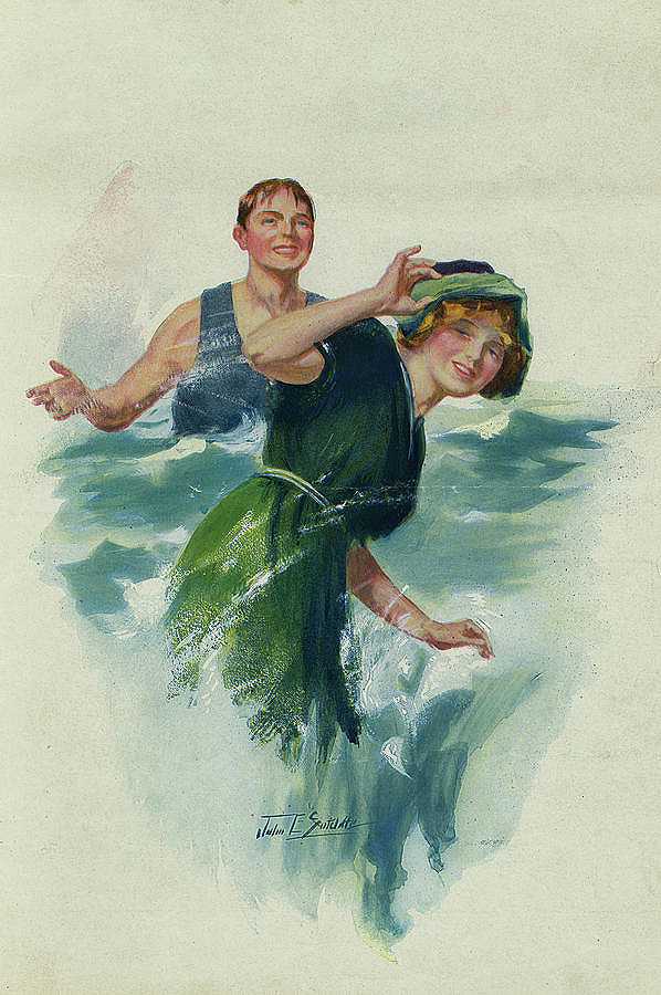 一个年轻人在海滩上向一个女人泼水`A Young Man Splashing a Woman with Water at the Beach by John E Sutcliffe