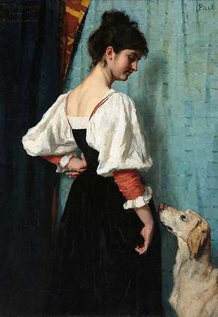 一位年轻女子的肖像画冰球狗`Portrait of a young Woman with ;Puck the Dog (c. 1879 ~ c. 1885) by Thérèse Schwartze