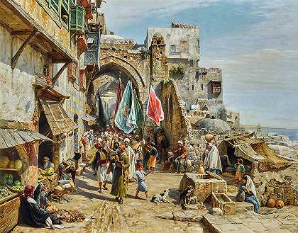 贾法游行`Procession in Jaffa by Gustave Bauernfeind